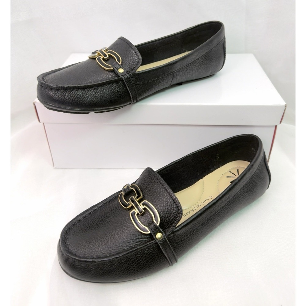 Isaac Mizrahi Black Leather Chain Accent Loafers